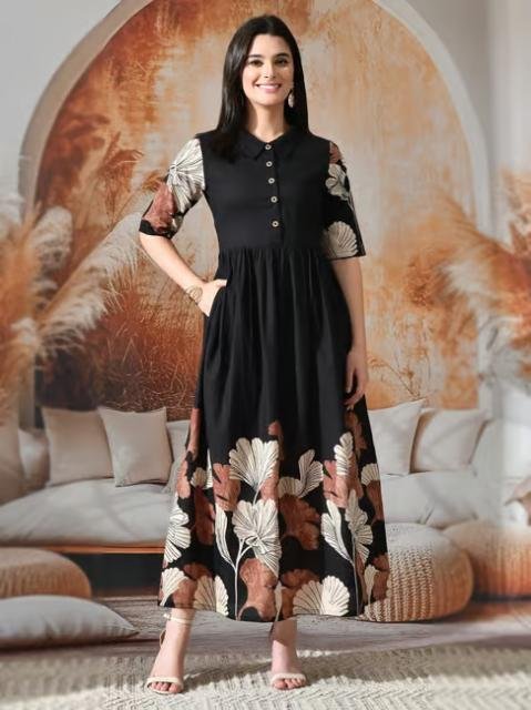 DECKEDUP Black Cotton Floral Dress